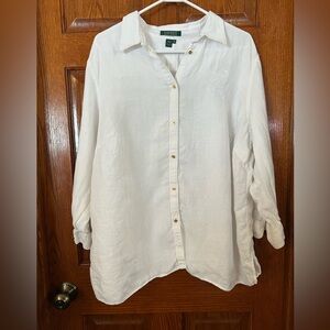 Lauren Ralph Lauren 3X White 100% Linen White Button Down Shirt 3/4 Sleeves